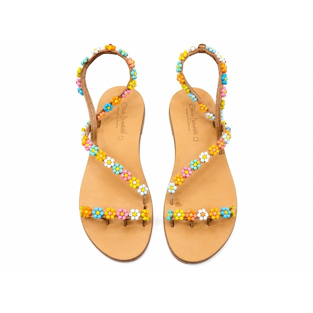 Elina Linardaki Sandals 11 42 Tan Boho Coastal Beaded Daisy Hand Crafted Leather